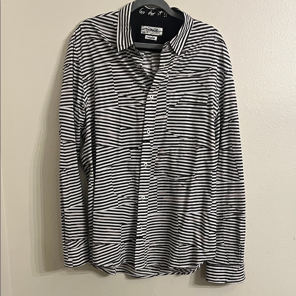 Desigual Black and White Geometric Broken Striped Cotton Button Up Shirt XL